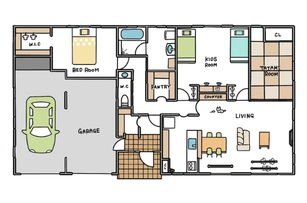 【インナーガレージ付】瓦屋根の3LDK平屋