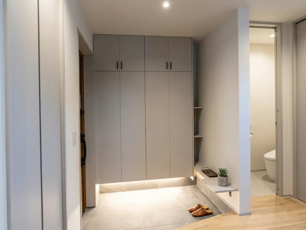 「ただいま」を優しく迎える、光の演出が美しいモダンエントランス